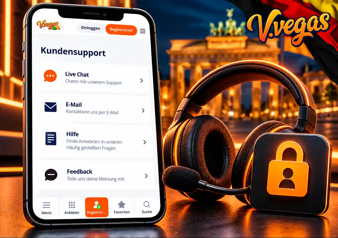 Casino-Support auf Mobilgerät mit Headset und Symbol für Sperrung oder Kontolöschung.