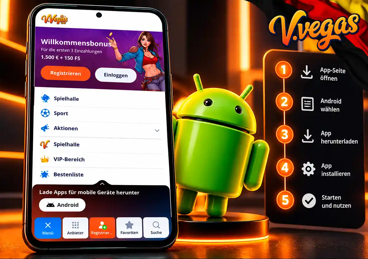 Android-Version auf Smartphone mit APK-Symbol und fünf klaren Installationsschritten.