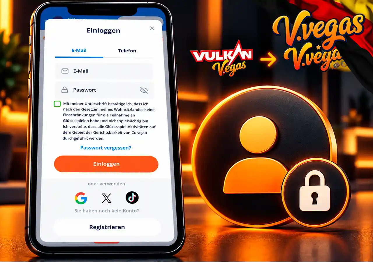 V.Vegas-Login nach dem Markenwechsel von Vulkan Vegas zur aktuellen Bezeichnung.
