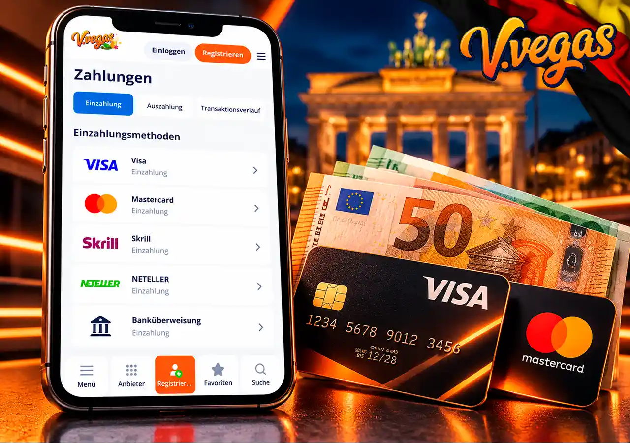 Mobile Casino-Kasse mit Euro und Symbol für verfügbare Zahlungsmethoden in Deutschland.
